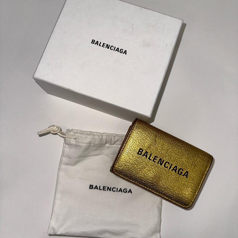 Balenciaga Gold Leather Logo Trifold Wallet Cardholder